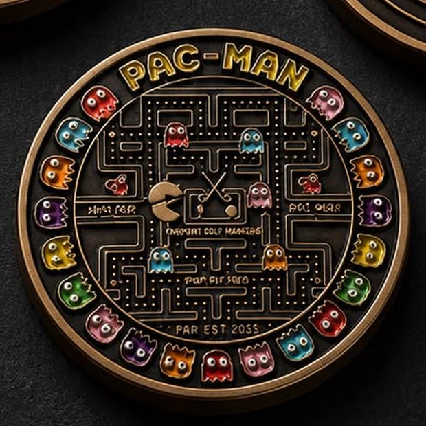The Pinpoint Pac-Man ball marker, antique brass with hand-filled enamel